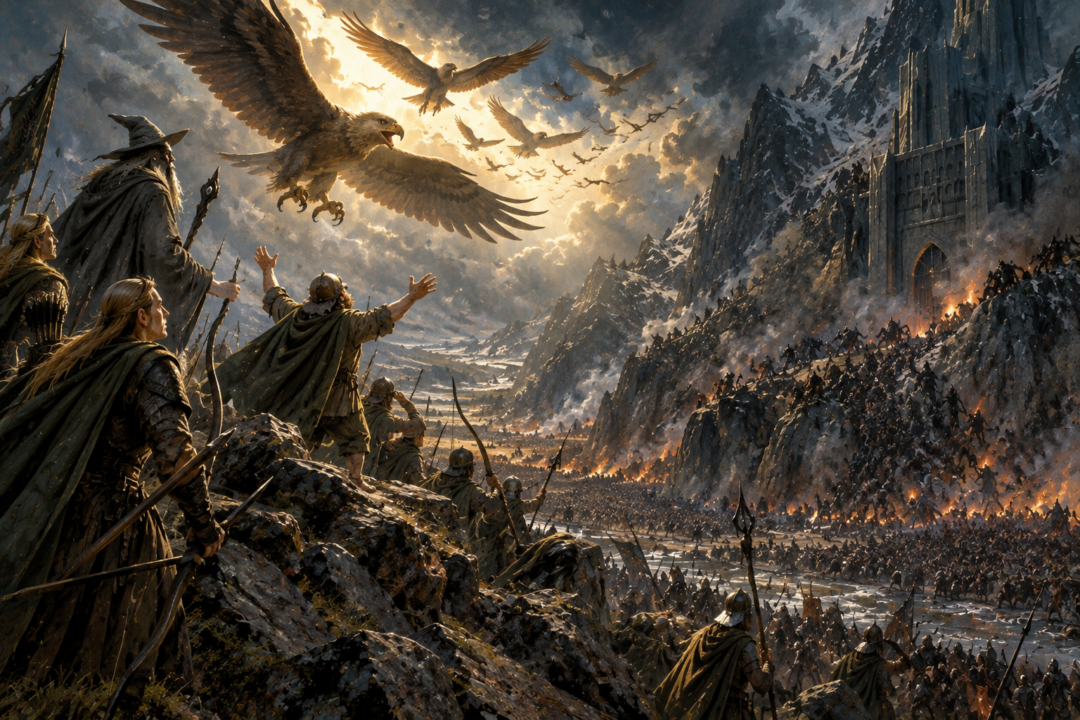 Bilbo looks up from Ravenhill and sees the Eagles arriving above the Battle of Five Armies.