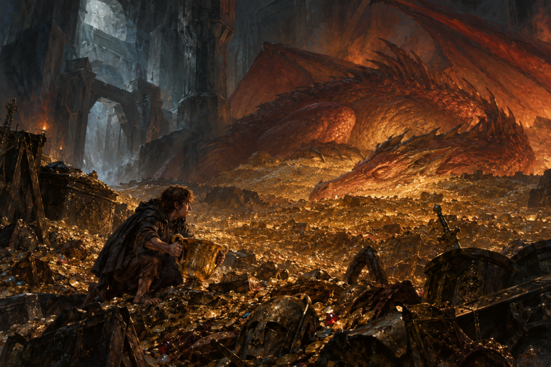 Bilbo Baggins stealing a two-handled golden cup while Smaug sleeps on the treasure of Erebor