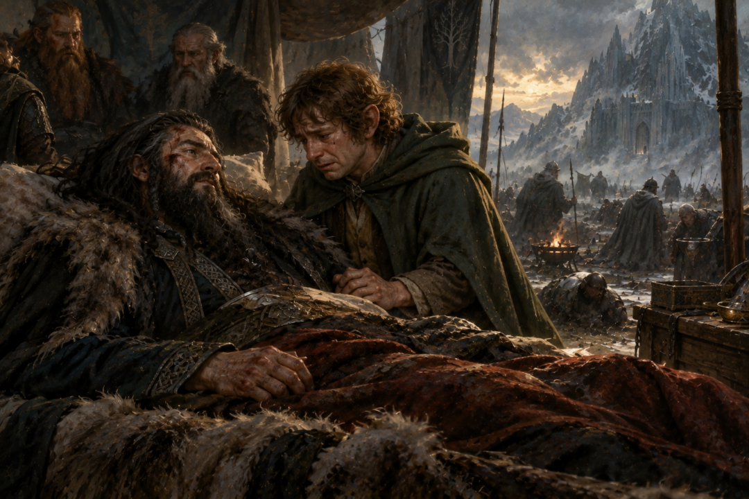 Bilbo speaks with the mortally wounded Thorin Oakenshield after the Battle of Five Armies.