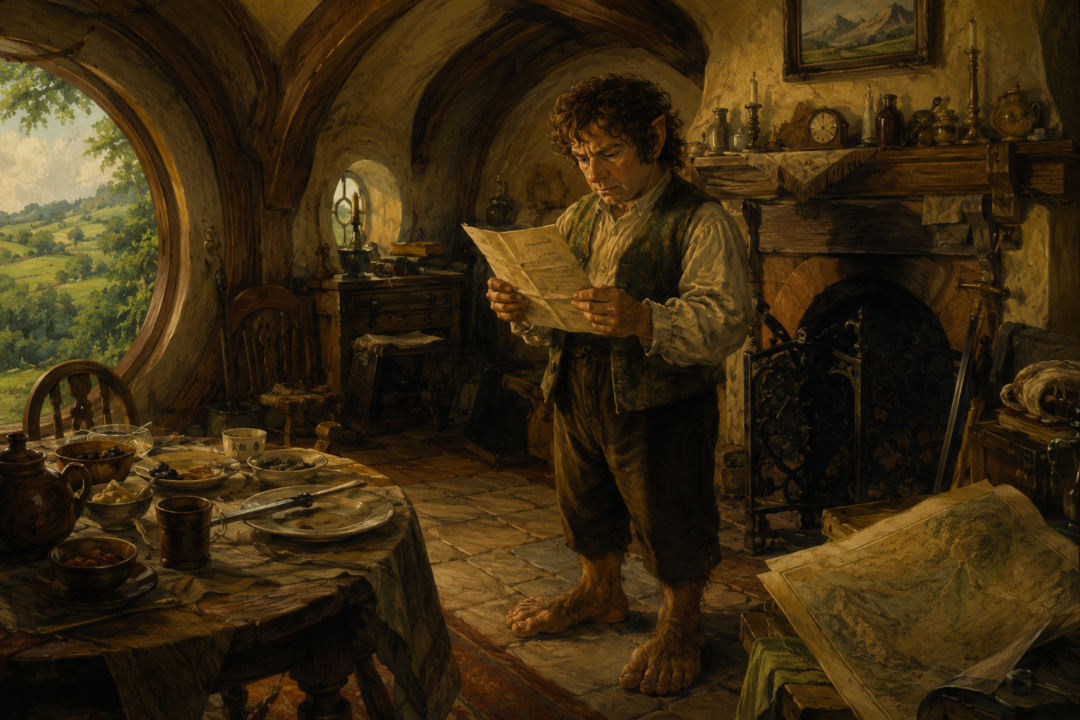 Bilbo Baggins reading Thorin and Company's businesslike agreement beside the mantelpiece at Bag End.