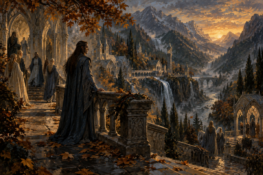 Elderly Bilbo working on his translations of Elvish lore among manuscripts in Rivendell.