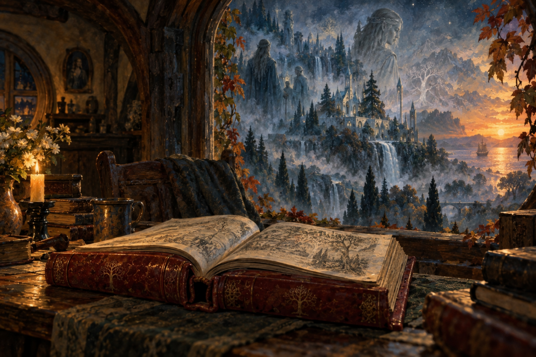 A Gondorian scribe preserving and copying Bilbo's red-bound translations during the Fourth Age.