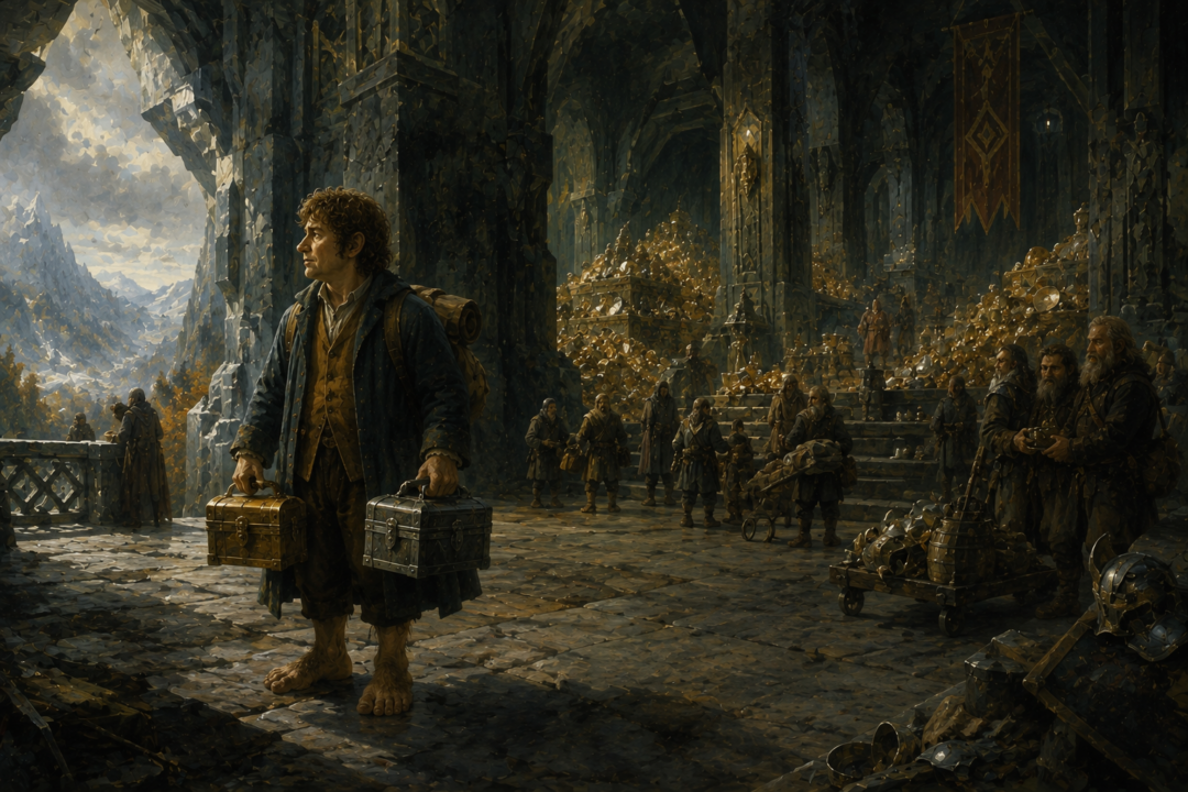 Bilbo leaving Erebor with two small chests while the immense treasure of the Lonely Mountain remains behind.