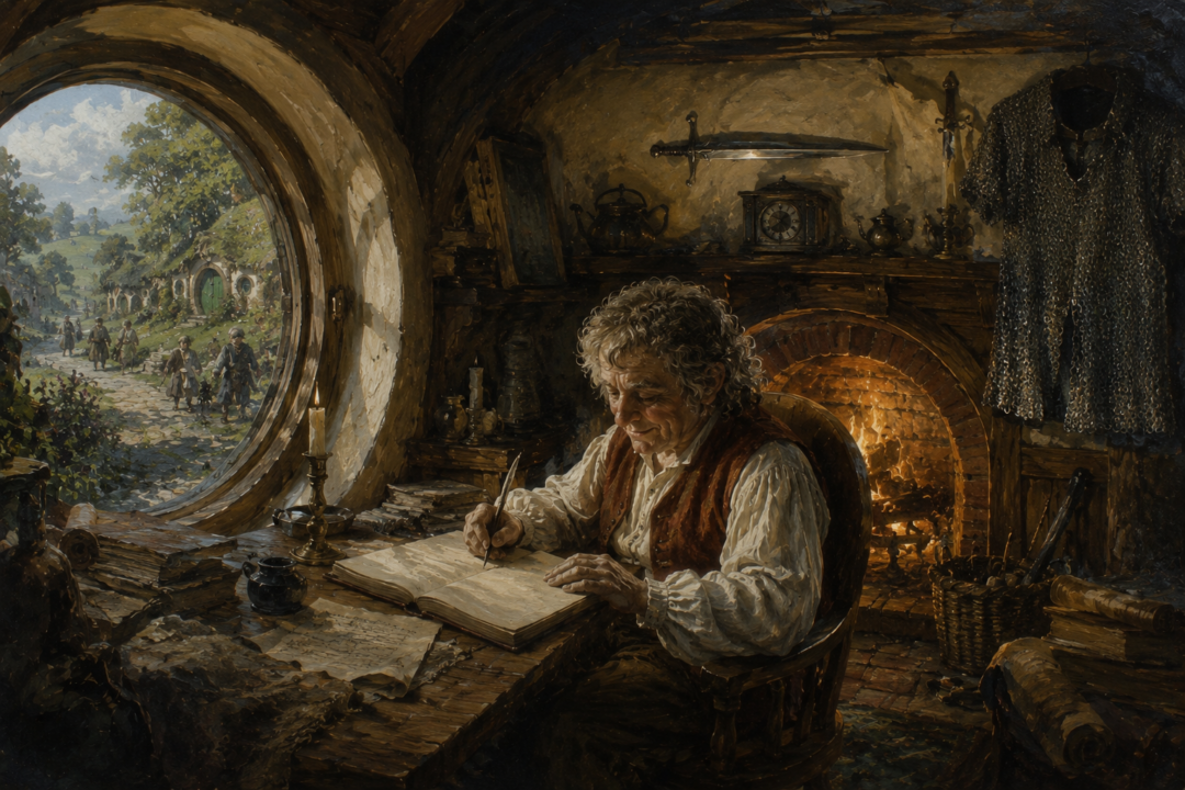 Bilbo Baggins writes the story of his Erebor adventure beside the hearth in Bag End.