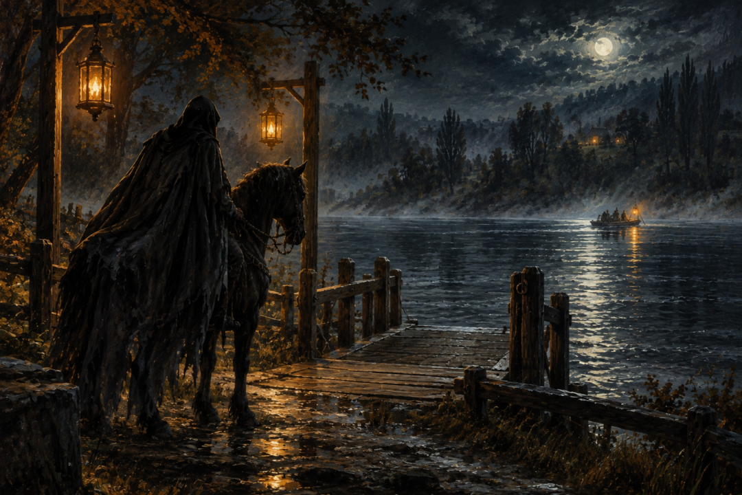 A Black Rider halted at the empty Bucklebury Ferry landing after the hobbits have crossed the Brandywine.