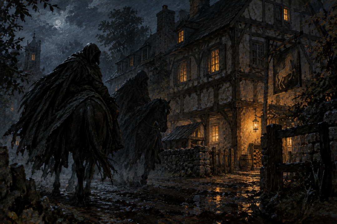 Two shadowed Black Riders approach the Prancing Pony secretly before dawn in a lore-grounded interpretation of the raid.
