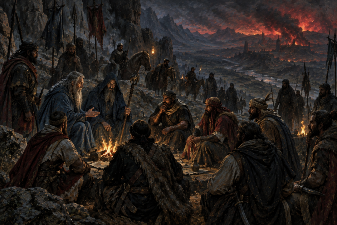 The Blue Wizards counsel eastern tribal leaders resisting Sauron's influence in a hidden valley.