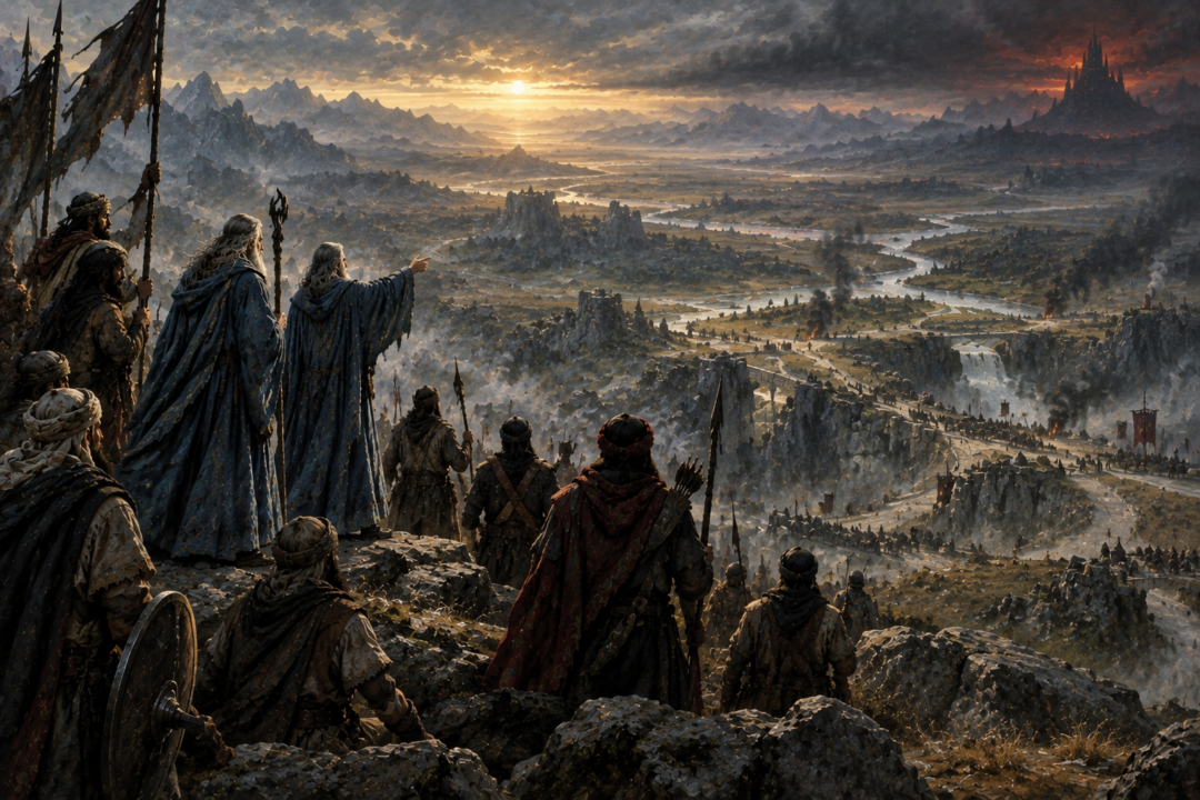 The Blue Wizards stand with eastern rebels in a symbolic depiction of their possible hidden contribution to Sauron's defeat.