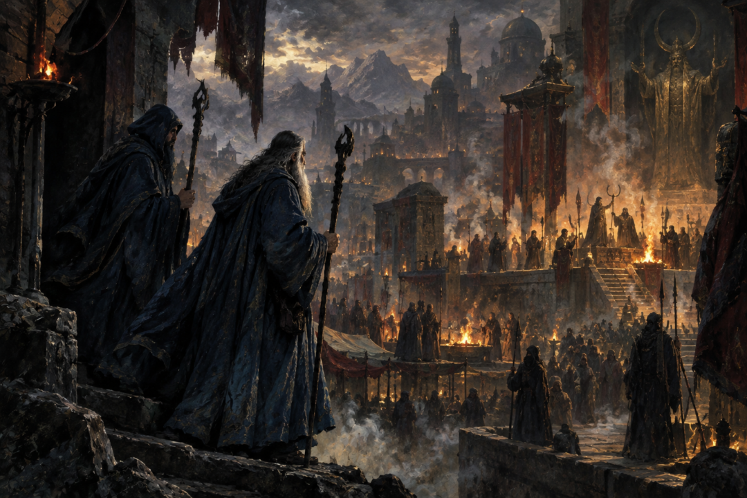 The Blue Wizards pass through a shadowed eastern settlement in a visual interpretation of their uncertain earlier fate.