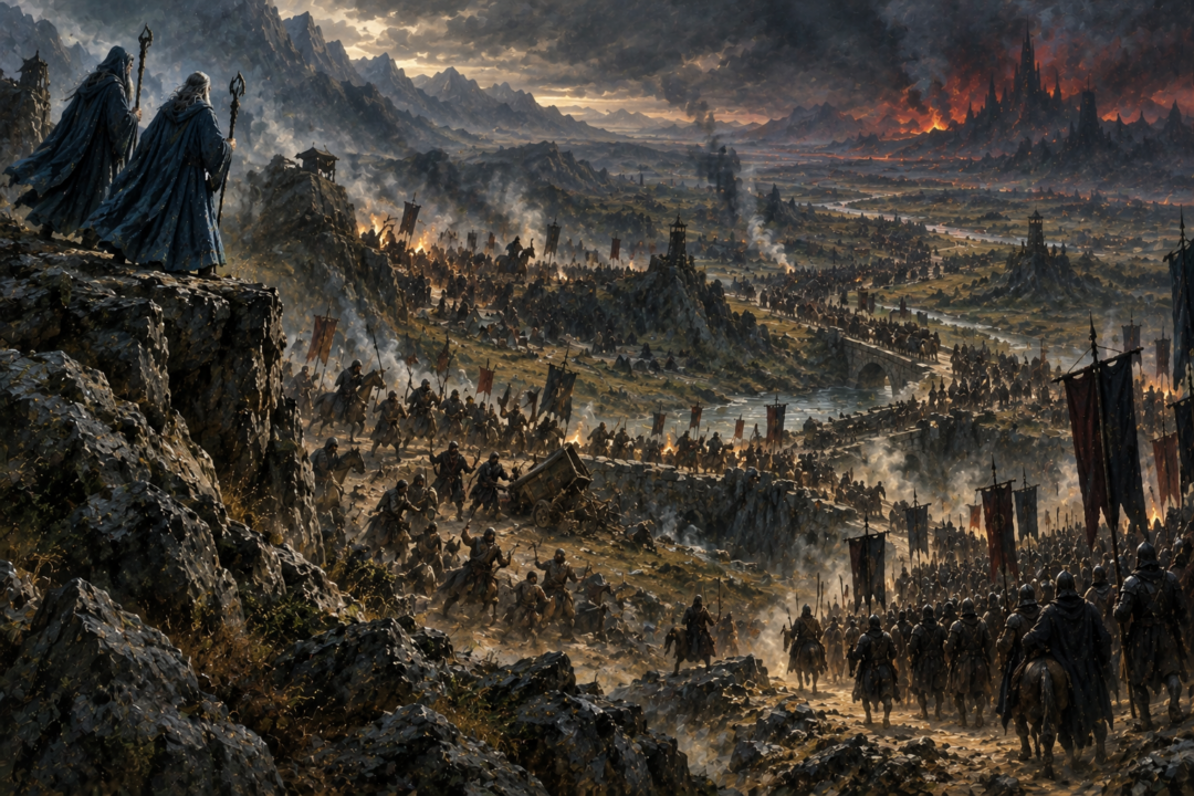 Rebellion and disorder divide Sauron's eastern forces while the Blue Wizards watch from a distant ridge.