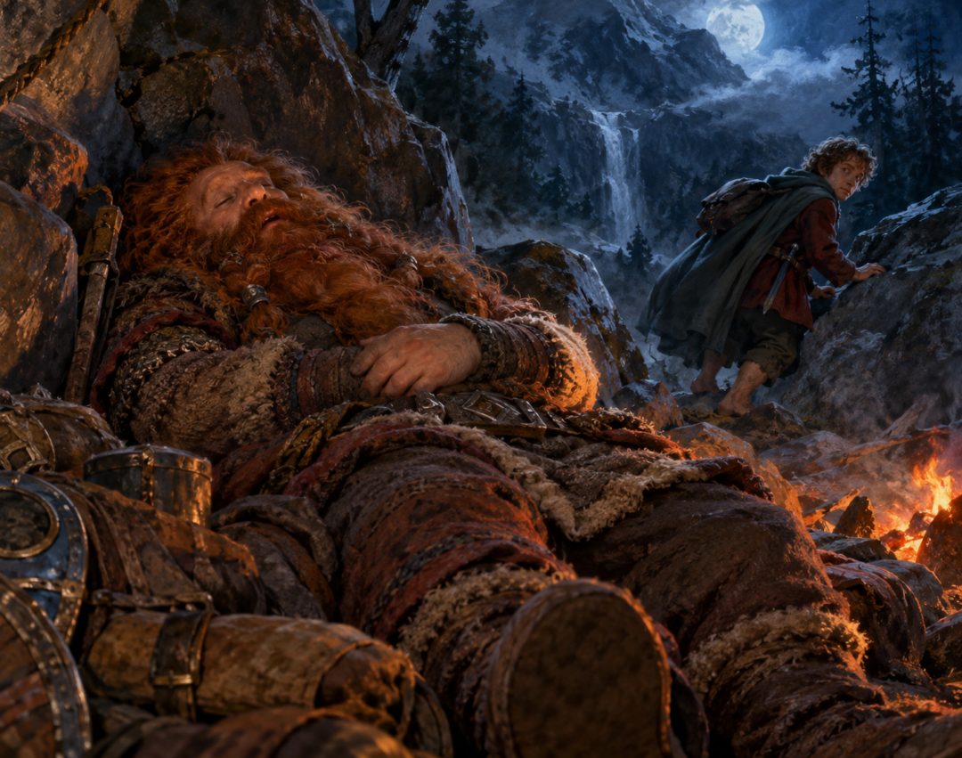 Bombur standing watch at the Front Gate of Erebor as Bilbo approaches carrying his rope and the hidden Arkenstone.