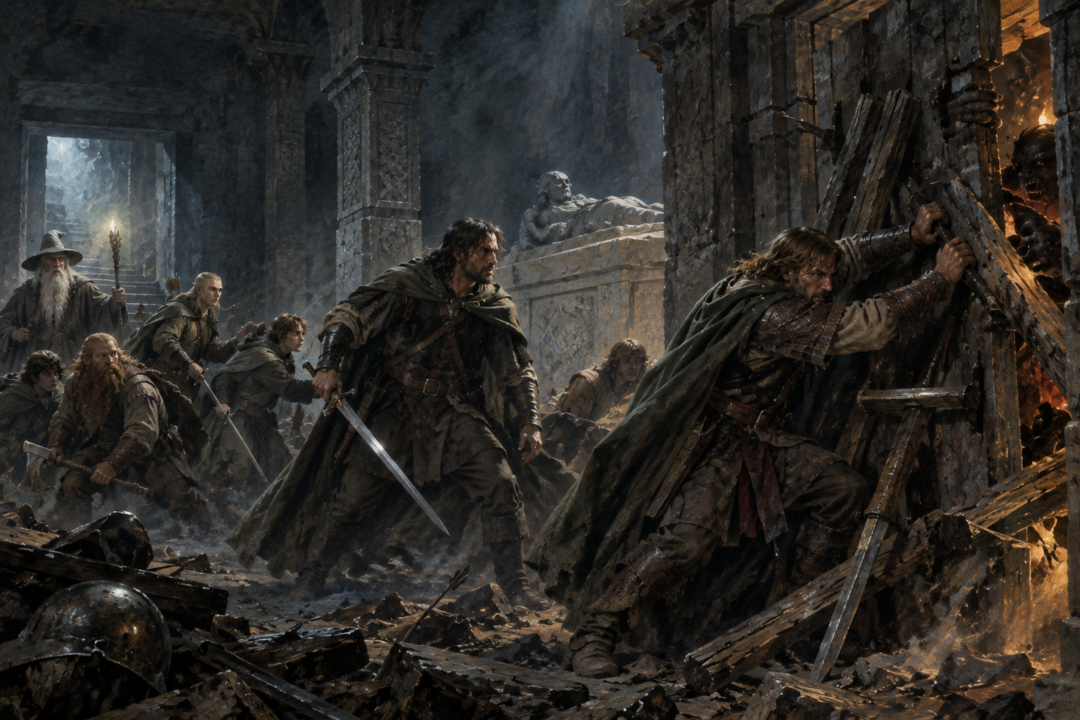 Boromir wedges the Chamber of Mazarbul door with broken blades and splintered wood while the Fellowship prepares to retreat.
