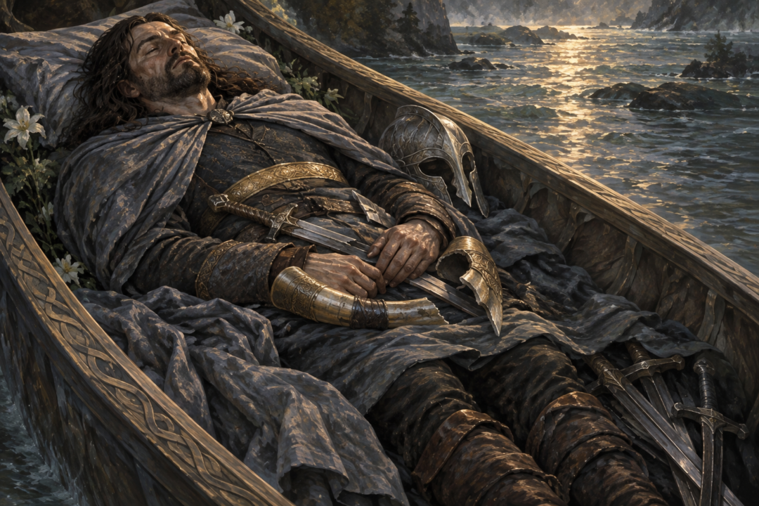 Boromir lies in his funeral boat with his broken sword, cloven horn, helm, and enemy weapons arranged around him.