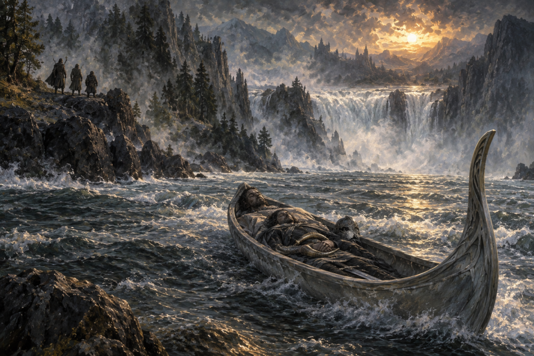 Boromir’s funeral boat drifts down the Anduin toward the great Falls of Rauros.