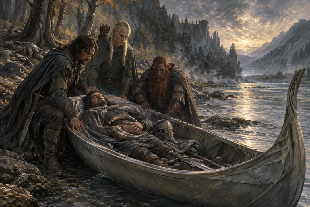 Aragorn, Legolas, and Gimli prepare Boromir in an Elven funeral boat beside the Anduin at Parth Galen.