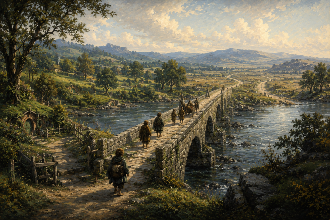 The open Brandywine Bridge marks the peaceful frontier of the Shire as a protected Free Land in the Fourth Age.