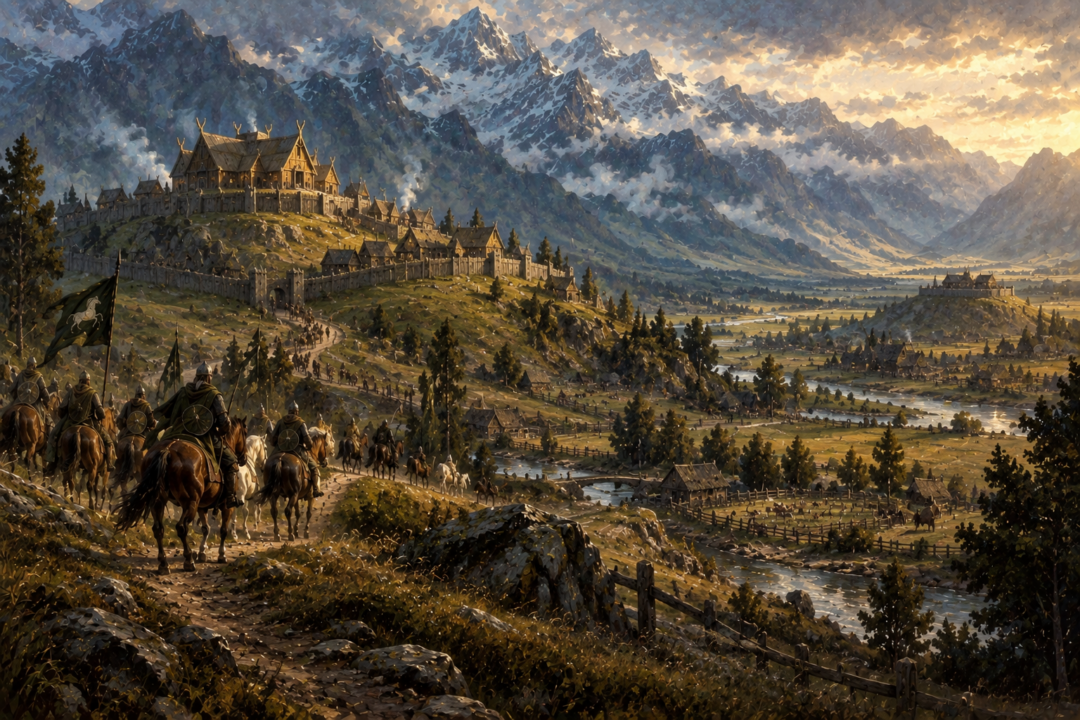 Edoras and the newly built Meduseld rising above the Folde during the reign of Brego.