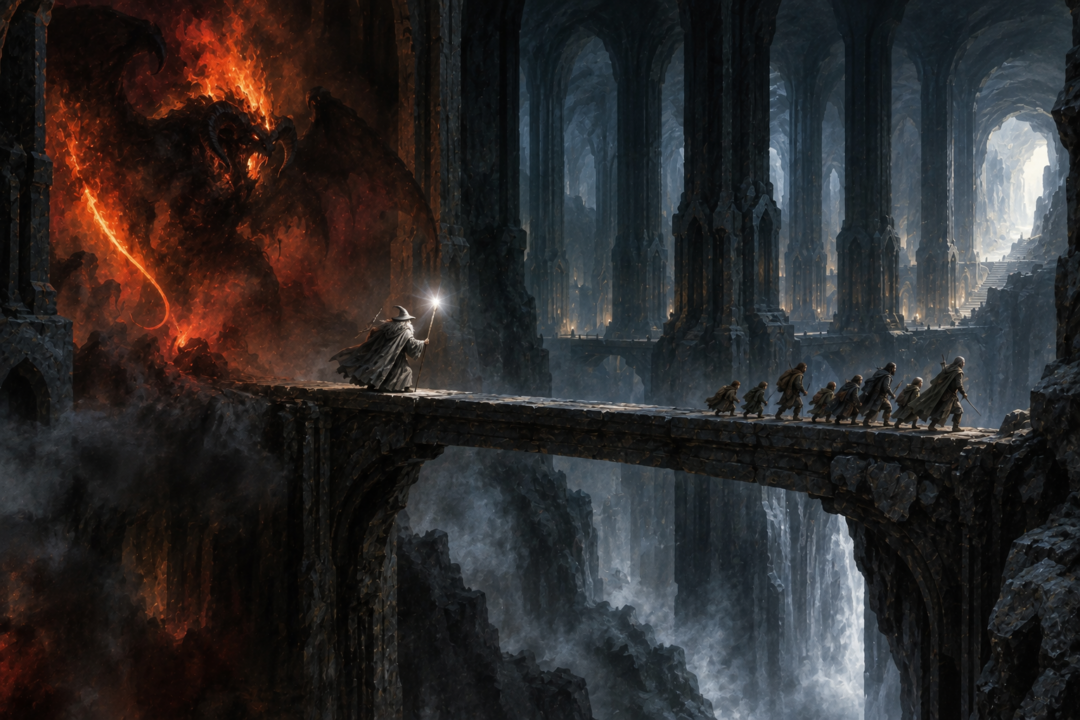 Gandalf facing the Balrog on the narrow Bridge of Khazad-dûm as the Fellowship escapes eastward.
