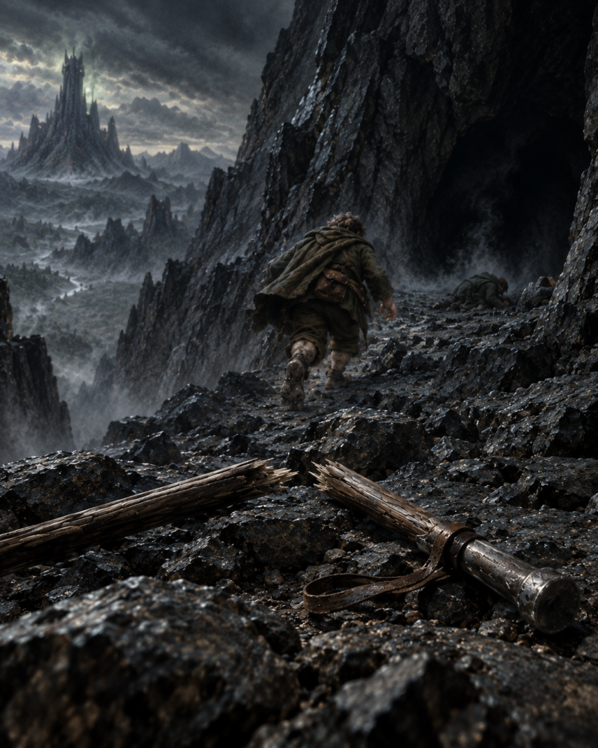 Faramir's broken lebethron walking-staff lies on the rocky ground near Shelob's lair as Sam rushes toward Frodo.