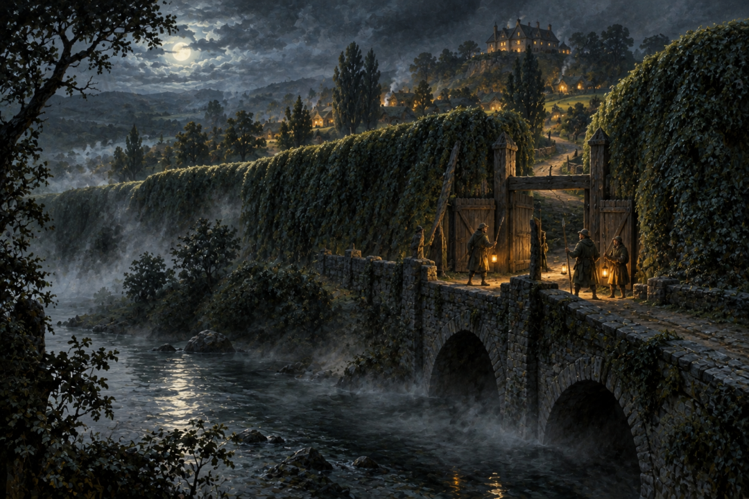 Hobbit guards watching the North-gate where the High Hay reaches the Brandywine near the Bridge