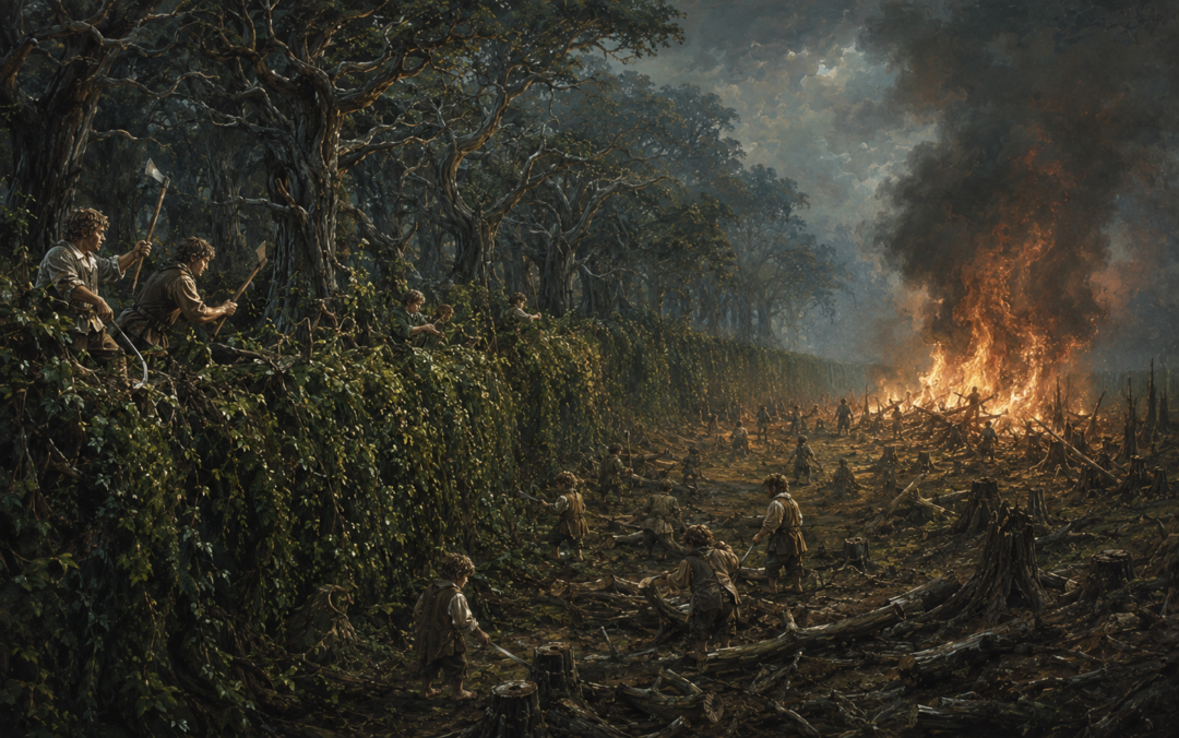 Buckland hobbits cutting back hostile trees and burning felled timber near the High Hay at Bonfire Glade.