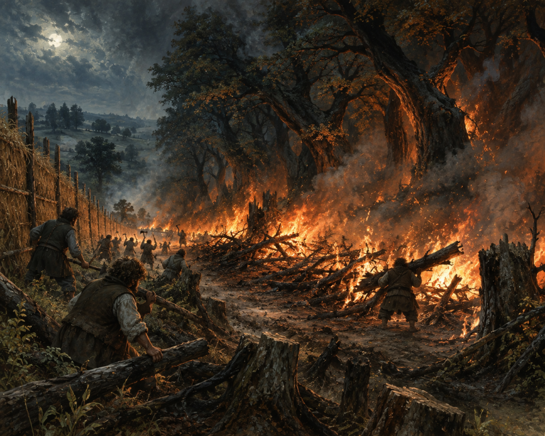 Buckland hobbits burn felled trees after the Old Forest presses against the High Hay.