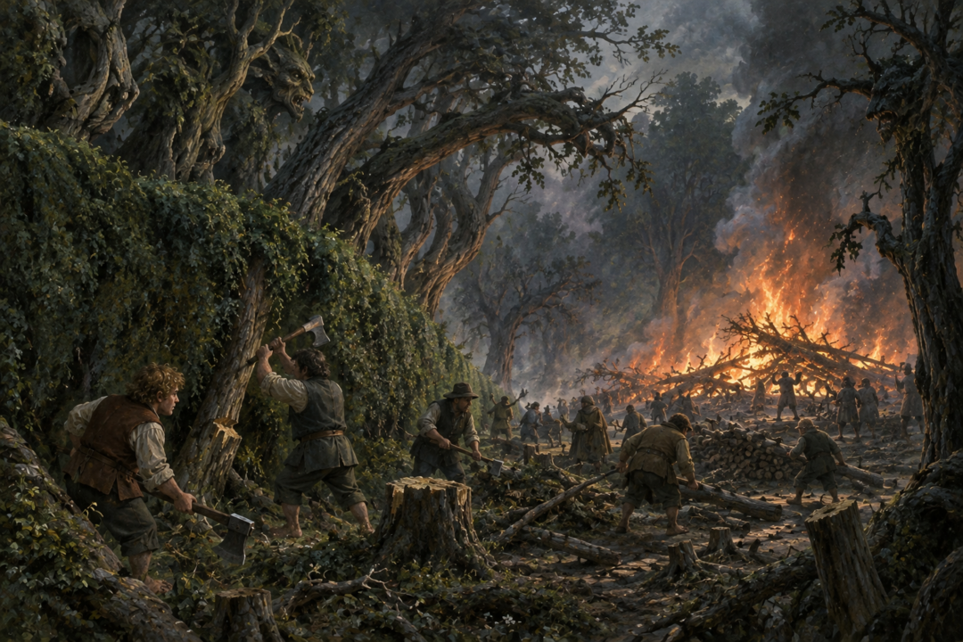 Bucklanders cutting trees and burning cleared ground after the Old Forest pressed against the High Hay