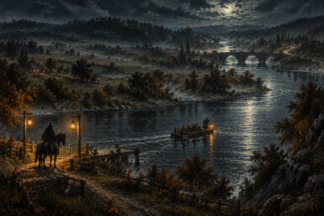 The movable Bucklebury Ferry and distant Brandywine Bridge contrasting two ways of crossing the river during Frodo's escape.