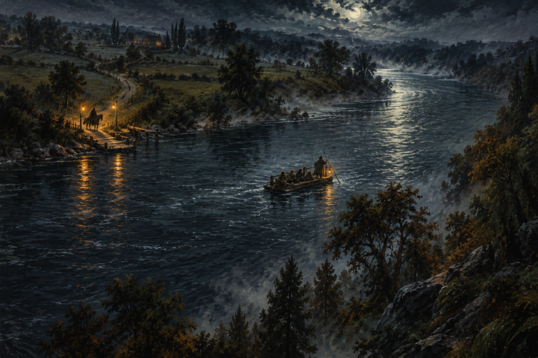 Overhead view of Bucklebury Ferry carrying four hobbits across the Brandywine as a Black Rider reaches the river behind them.