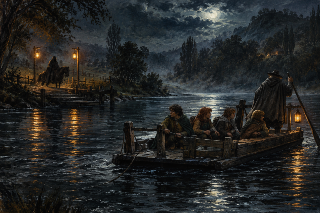 Frodo and his companions cross the Brandywine on Bucklebury Ferry while a Black Rider stands at the western landing.