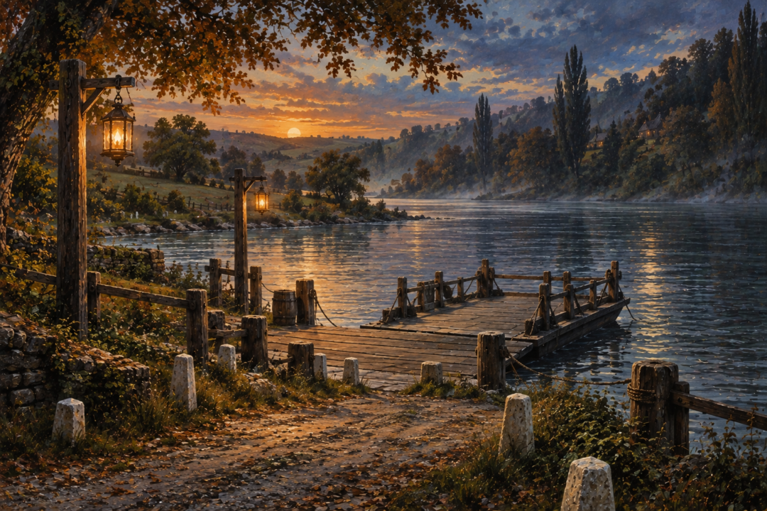 The peaceful Bucklebury Ferry landing with lanterns, wooden stages, and the rural banks of the Brandywine before nightfall.