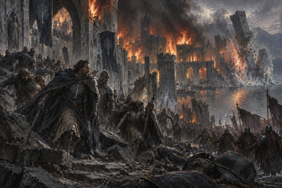 Osgiliath burning during the Kin-strife as Eldacar's defenders retreat and the Tower of the Stone is destroyed.