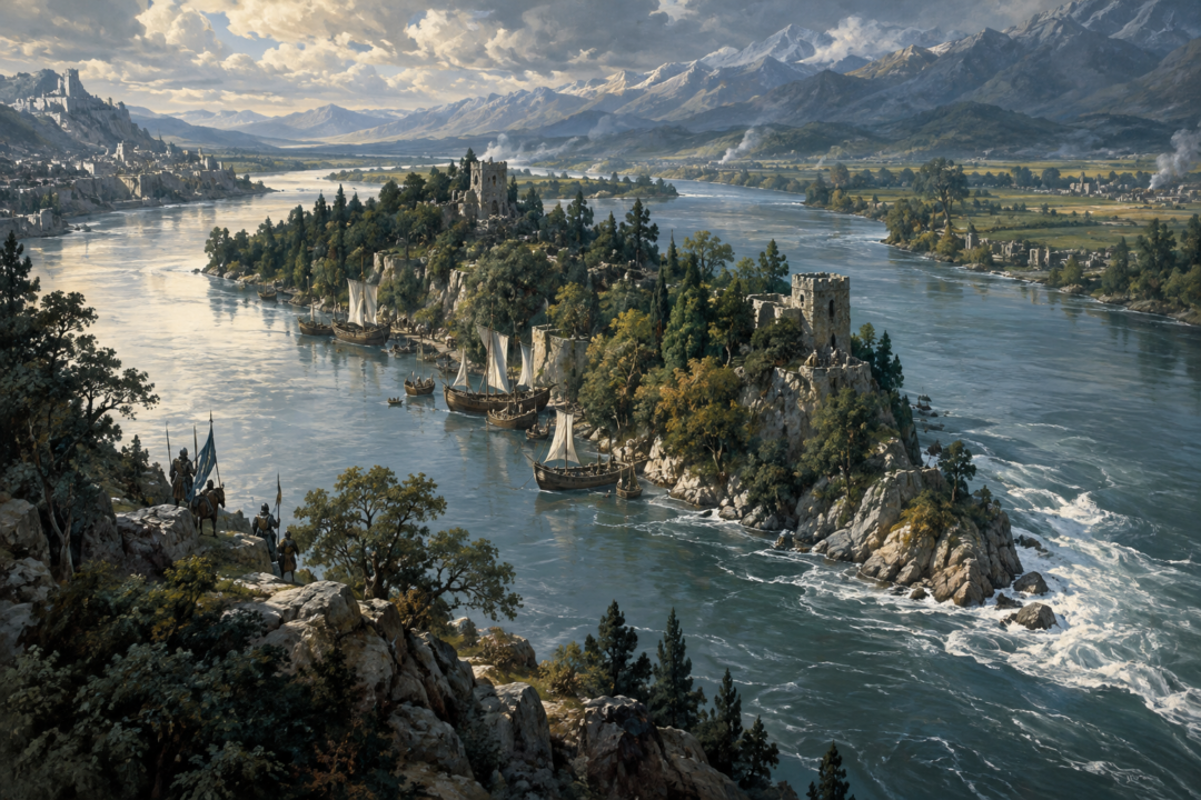 Cair Andros rising from the Anduin as ships gather near the wooded island in the early Fourth Age