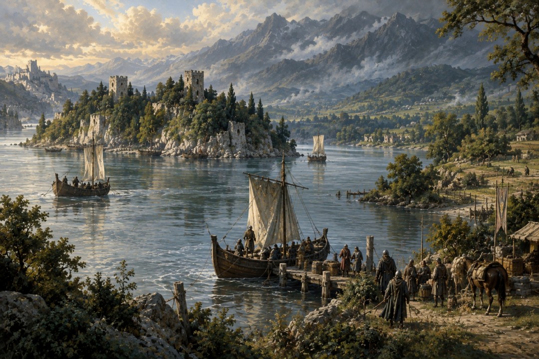 Peaceful river traffic passing Cair Andros as Ithilien begins to recover in the Fourth Age