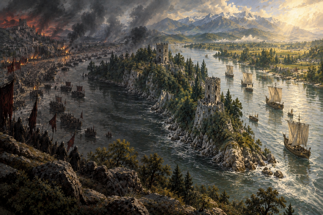 Cair Andros shown as a wartime river chokepoint and a peaceful link between the lands of restored Gondor