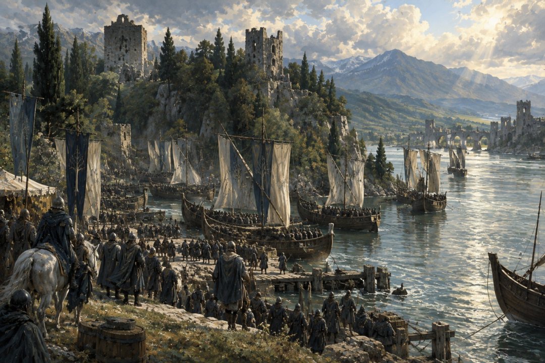 The Captains of the West embarking on ships at Cair Andros after the defeat of Sauron