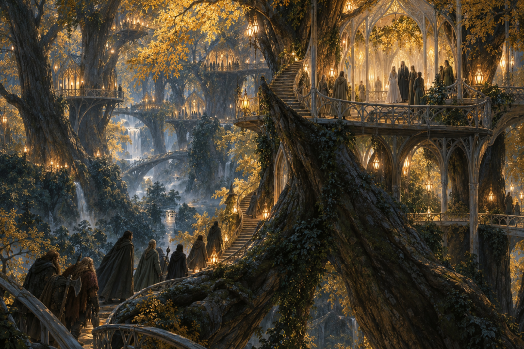 Elevated platforms and dwellings among the great mallorn trees of Caras Galadhon in Lothlórien.