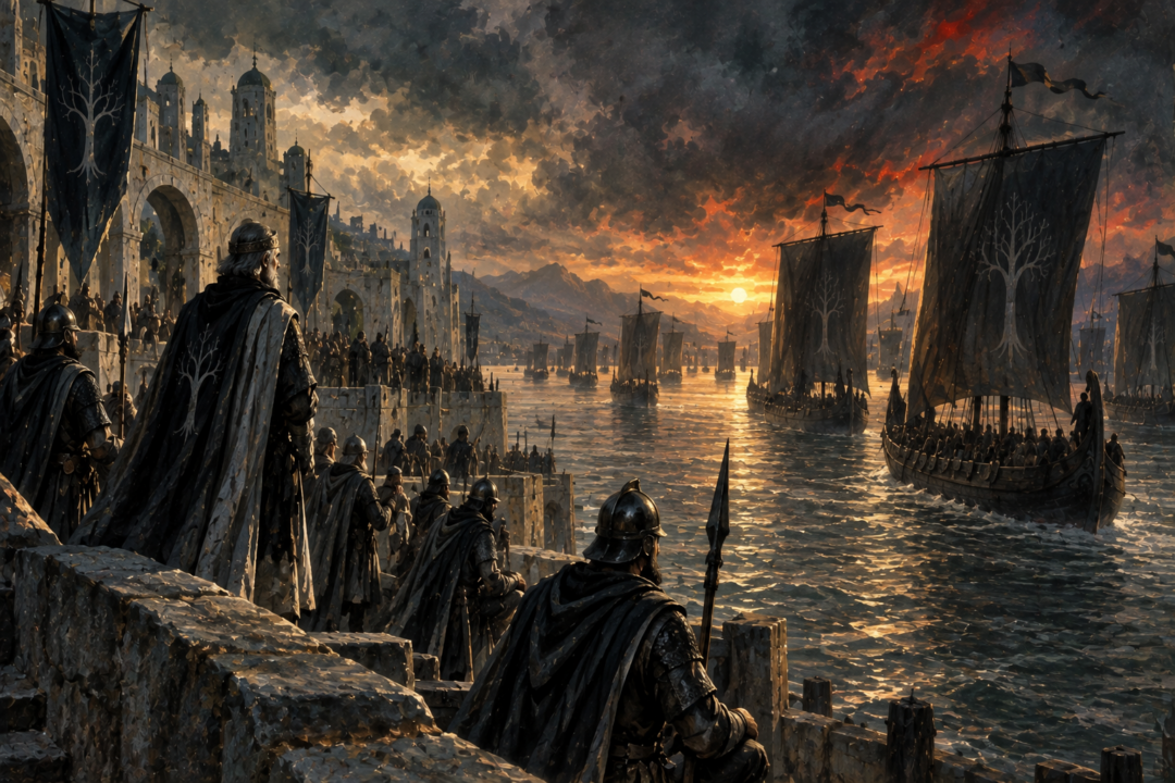 Ships carrying the followers of Castamir's sons away from Pelargir toward Umbar after the Kin-strife