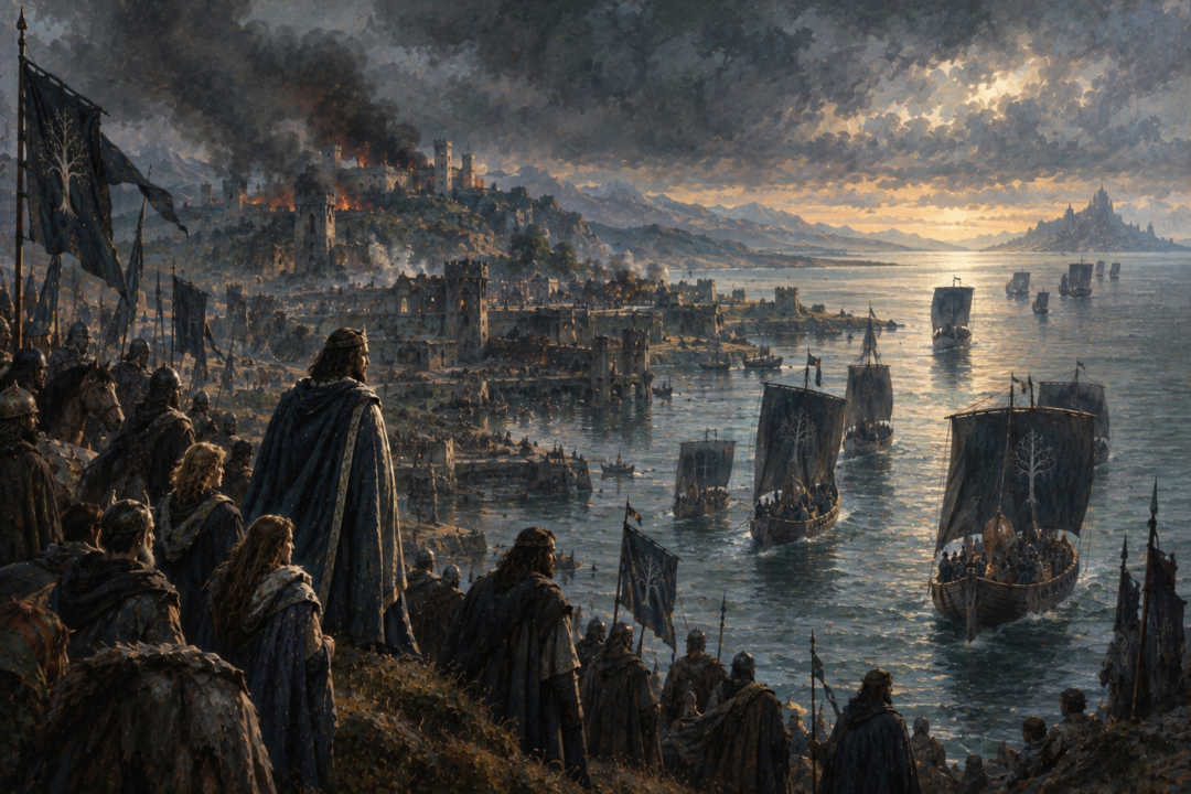 Castamir's sons and followers escaping from Pelargir by ship toward Umbar after Eldacar's restoration.