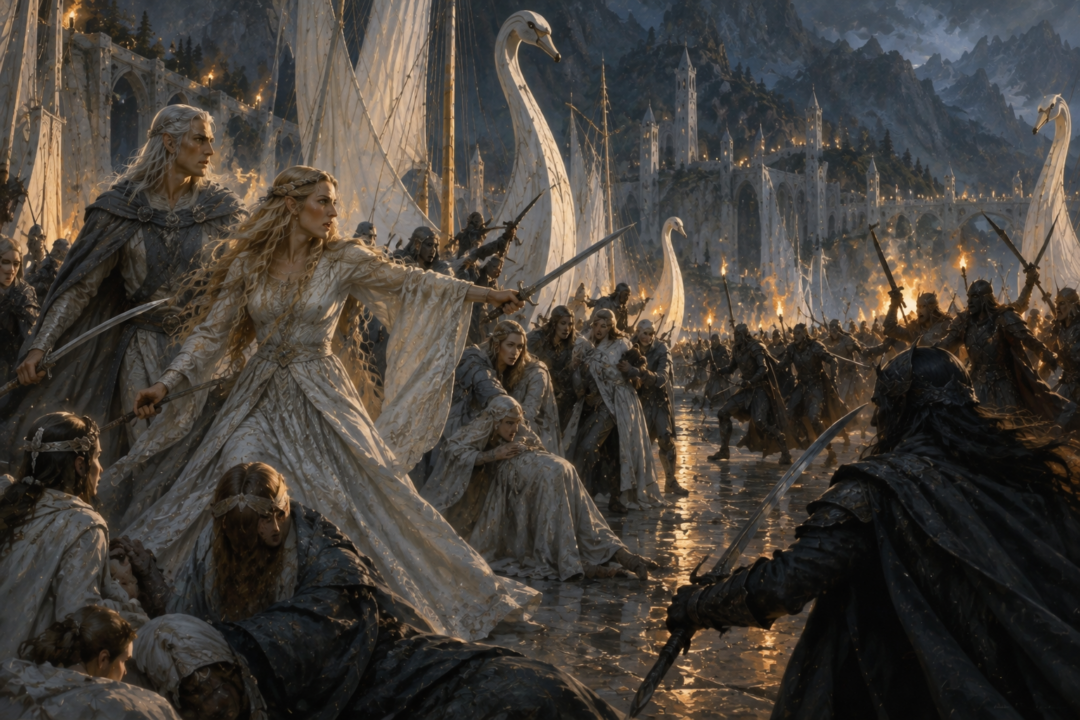 Celeborn and Galadriel among the Teleri during the conflict at Alqualondë in a late version of their history