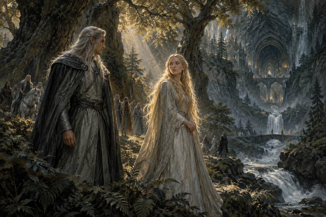 Celeborn and Galadriel meeting beneath the ancient trees of Doriath in the First Age