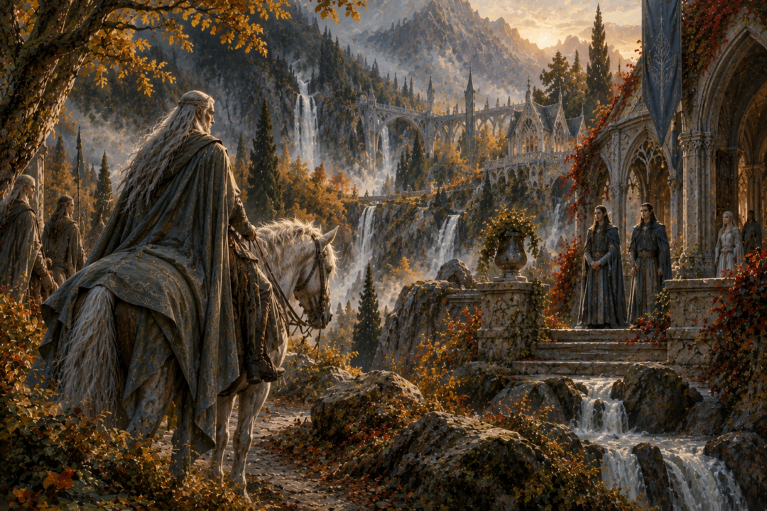 Celeborn arriving at the fading refuge of Rivendell to dwell with the sons of Elrond.