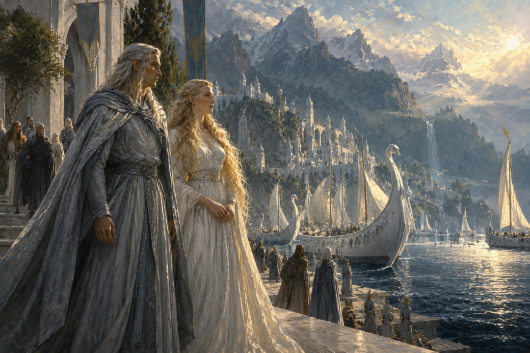 Celeborn as the Telerin Elf Teleporno beside Galadriel on the shores of Aman