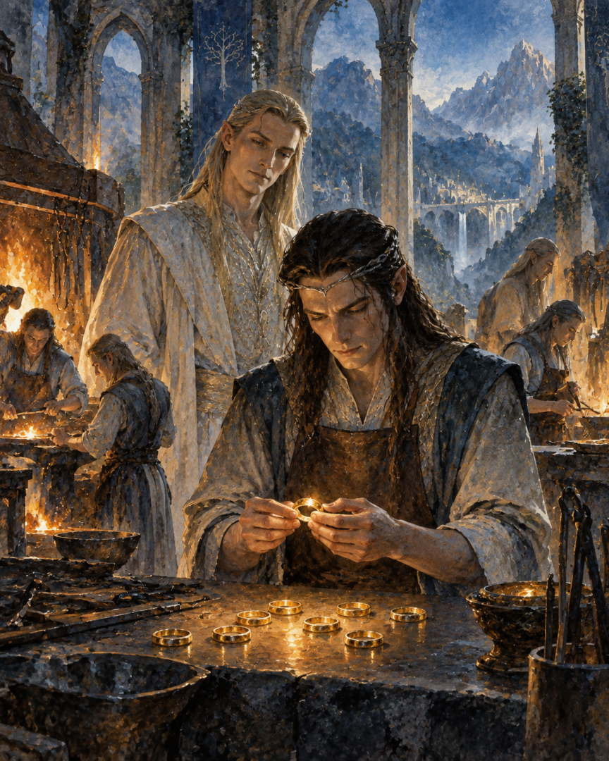 Celebrimbor examines newly forged Rings of Power in an Eregion smithy while Annatar watches from behind.