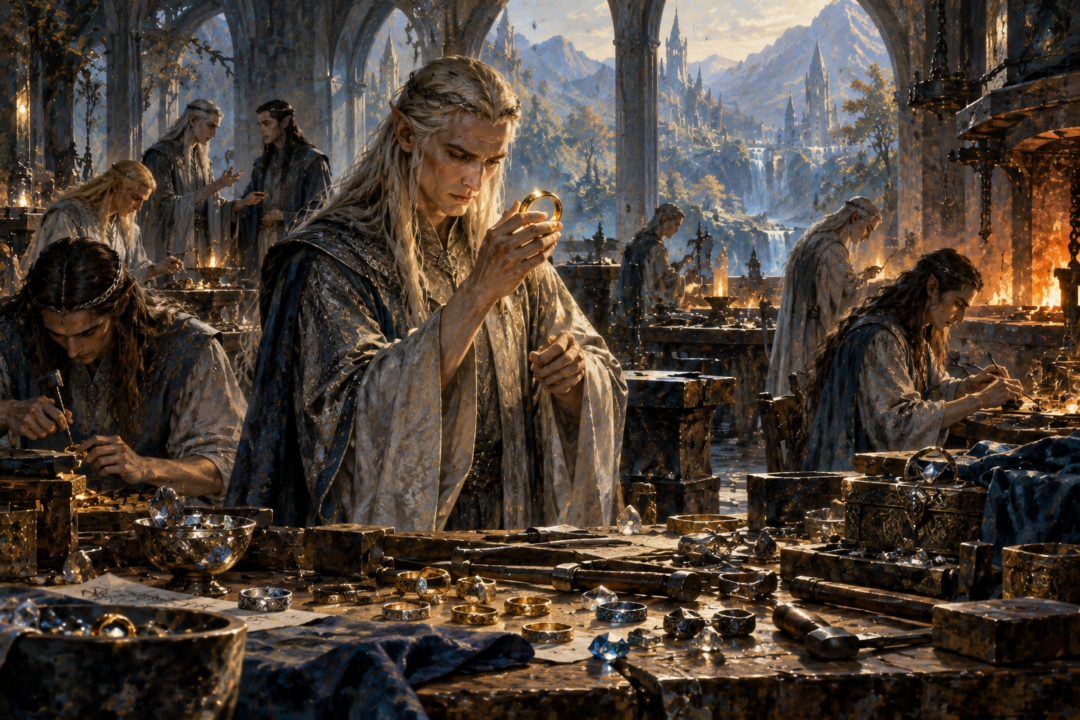 Celebrimbor and the Elven jewel-smiths of Eregion experiment with rings inside their Second Age workshop.