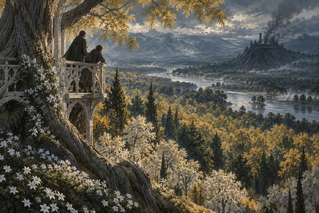 Frodo and Sam looking from the high flet on Cerin Amroth toward the distant shadow of Dol Guldur.