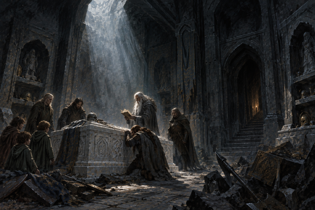The Fellowship gathered around Balin’s tomb in the Chamber of Mazarbul with the escape stair beyond.