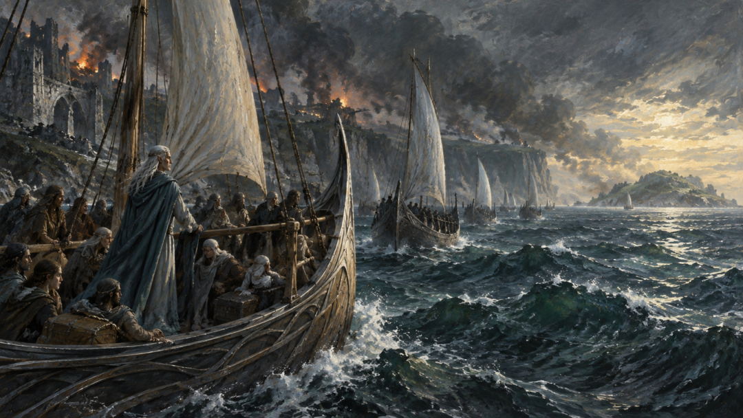 Círdan and survivors of the Falas sail toward the Isle of Balar after the destruction of the Havens.