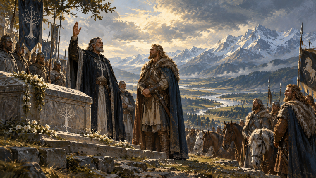 Cirion and Eorl solemnly swearing their alliance on Amon Anwar near the tomb of Elendil.