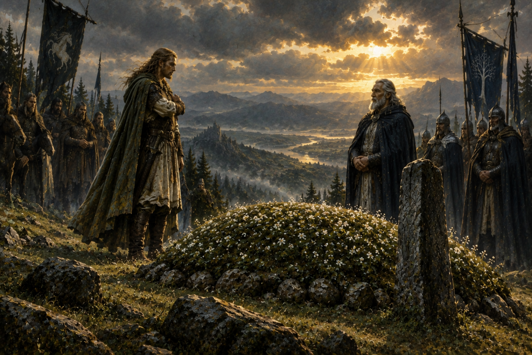 Cirion and Eorl swear their enduring alliance beside the ancient mound of Elendil.